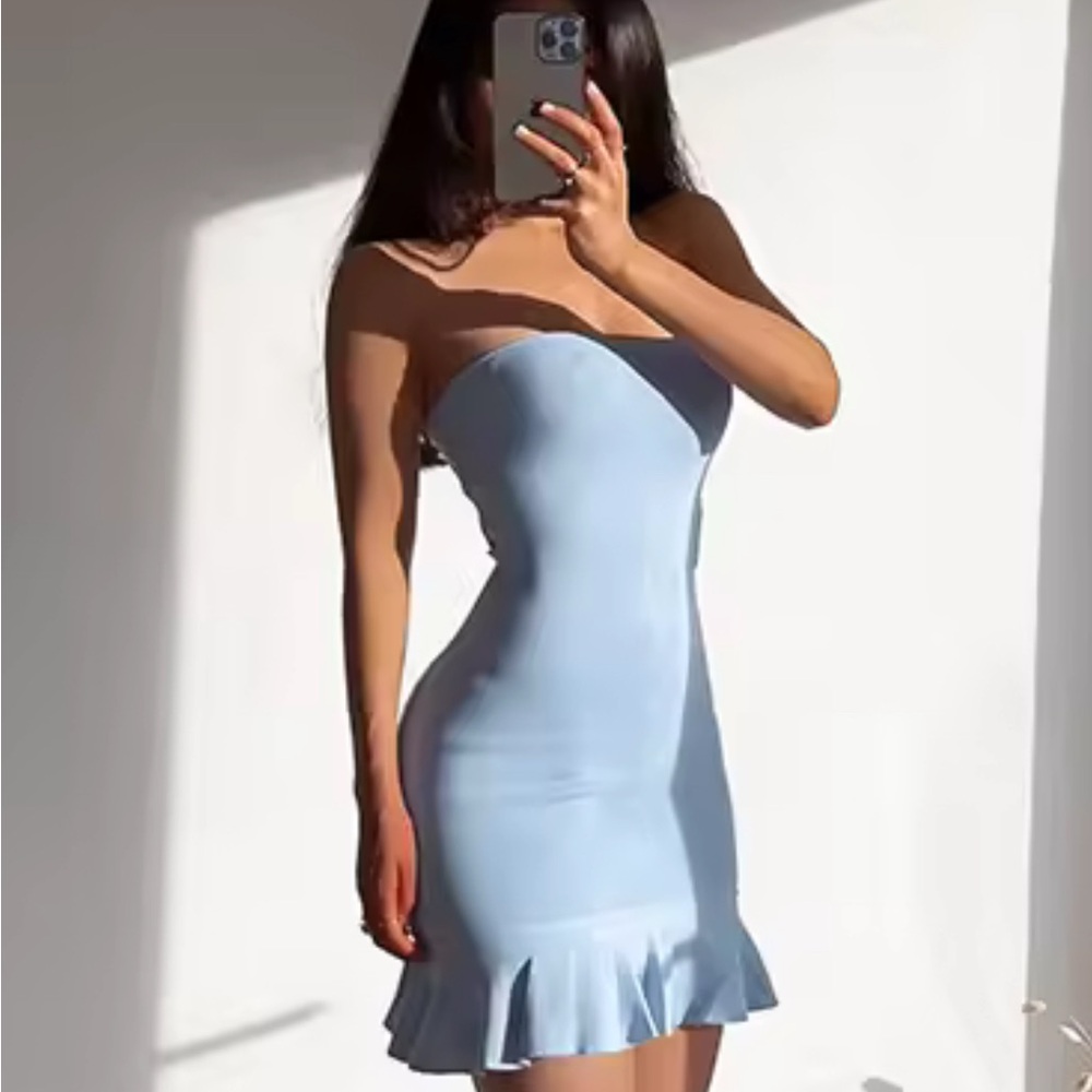 Cute Light Blue Strapless Bodycon Dress